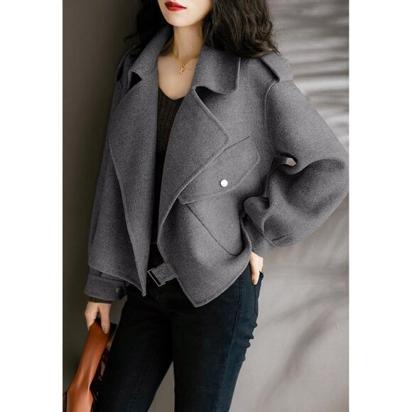 Women Dark Grey Wool Coats Notched Lapel Pea Coat Open Front Trench Overcoat - Picture 3 of 6